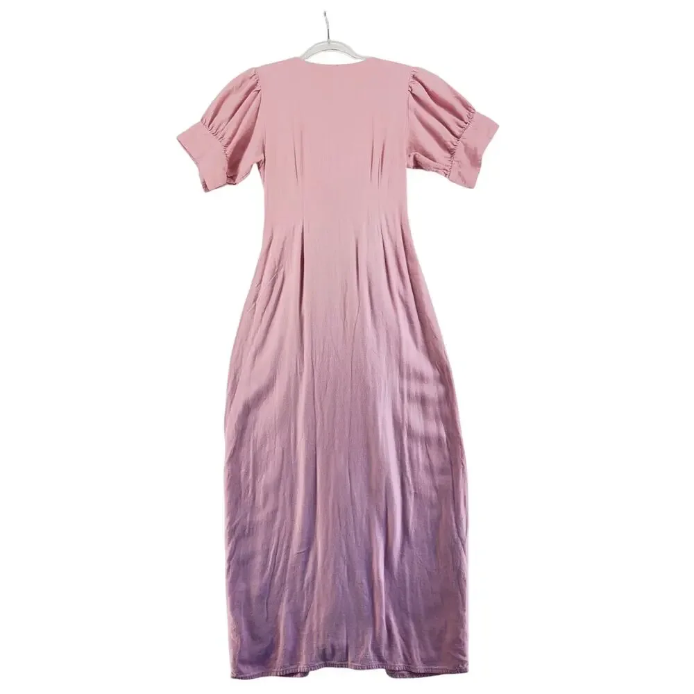 Free People endless summer Pink Tie Front Midi Dress Cottagecore Puff Sleeve  M